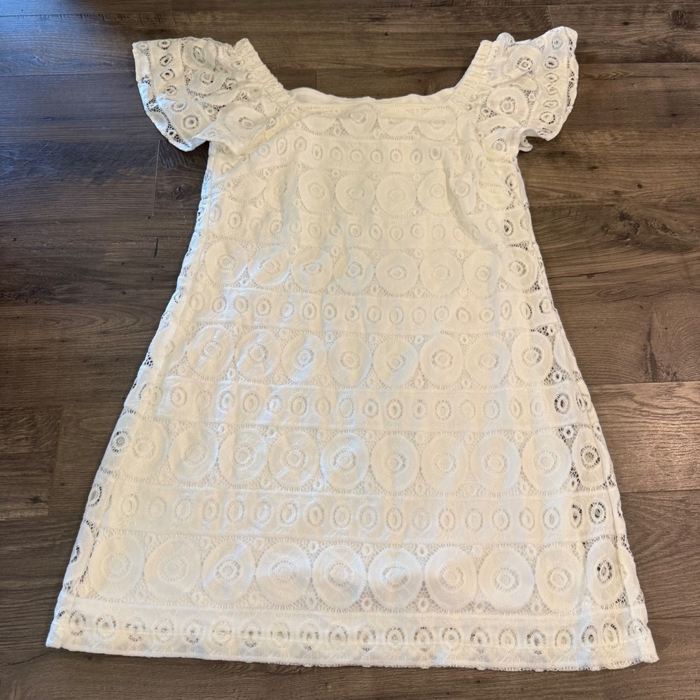 Bethany White Lace Eyelet Shift Dress Square Neck Flutter Sleeve Womens 12